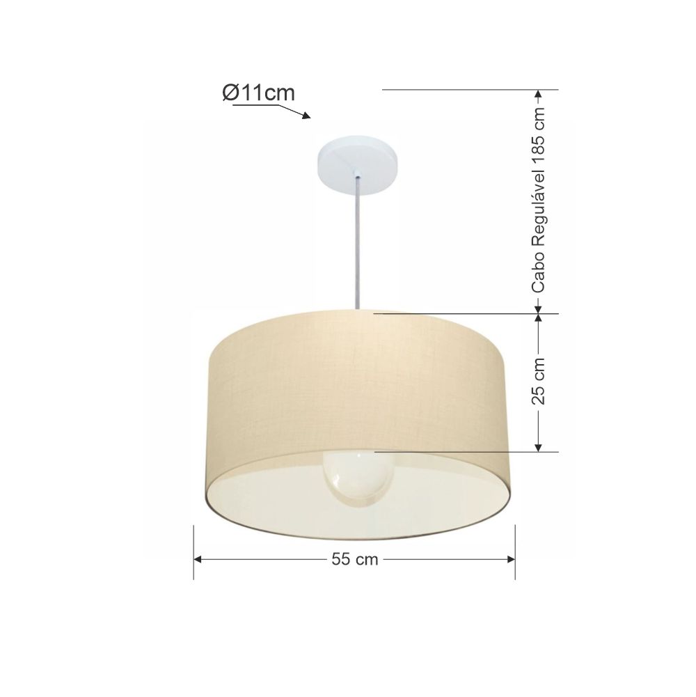 Pendente Cilíndrico Md-4207 Cúpula em Tecido 55x25cm Algodão Crú - Bivolt