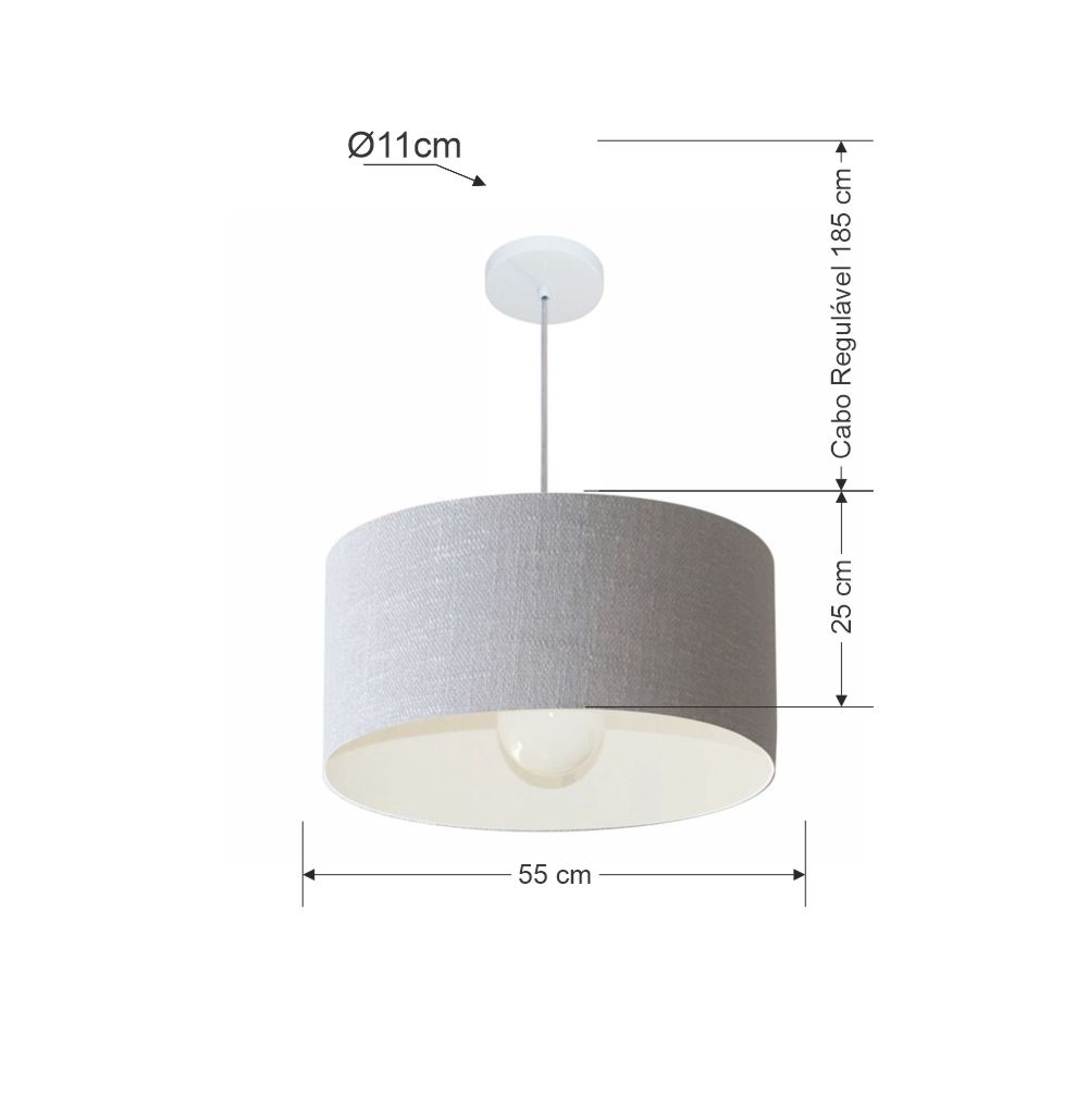 Pendente Cilíndrico Md-4207 Cúpula em Tecido 55x25cm Rústico Cinza - Bivolt