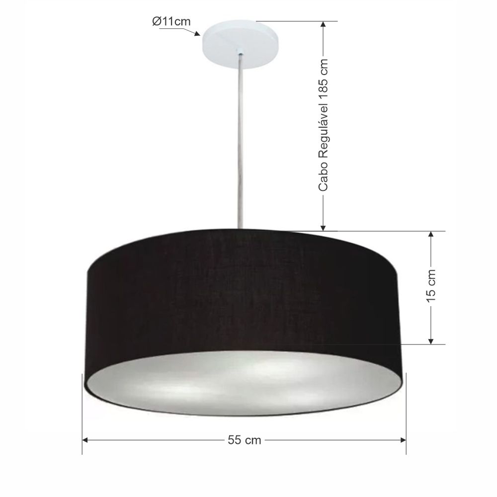 Pendente Cilíndrico Md-4218 Cúpula em Tecido 55x15cm Preto - Bivolt