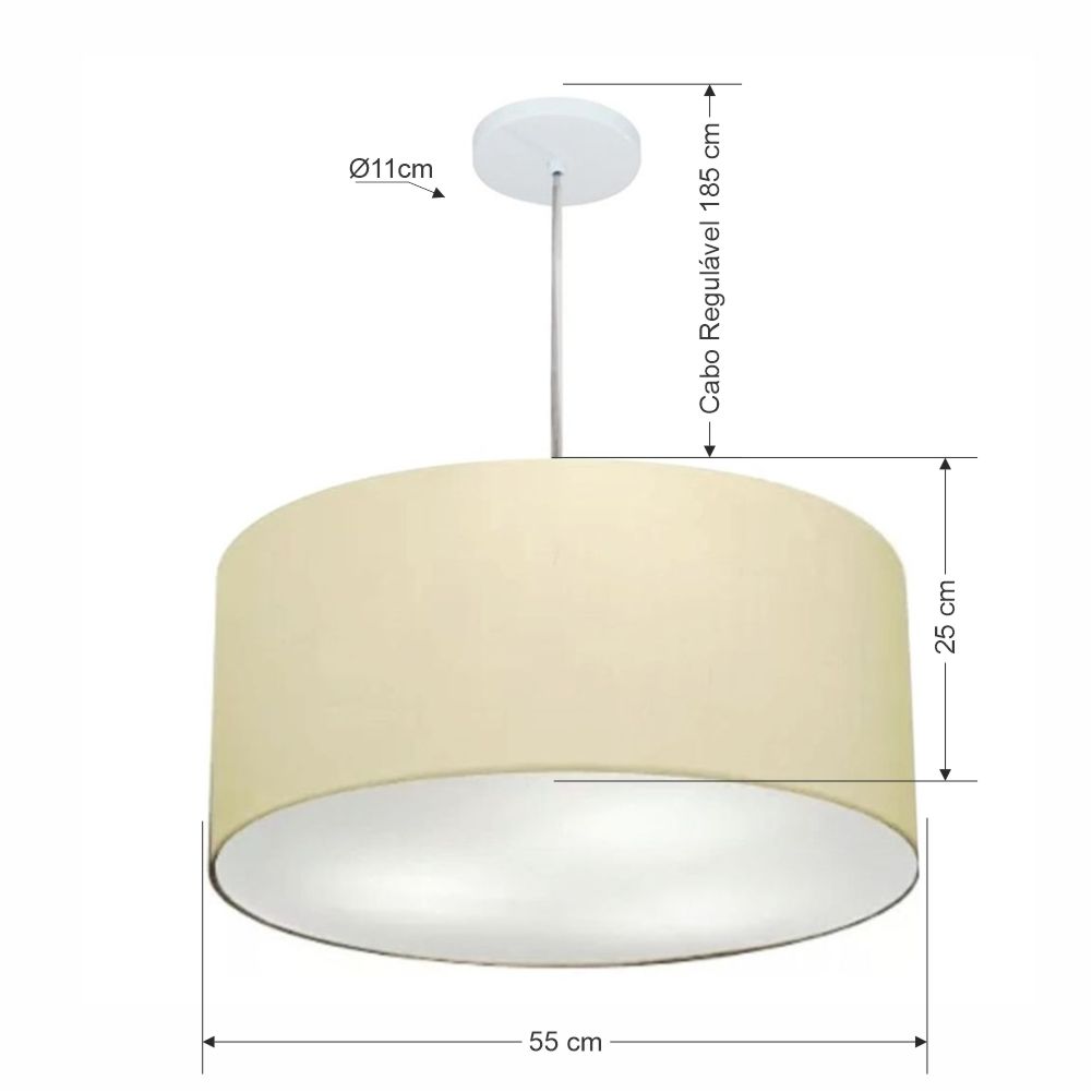 Pendente Cilíndrico Md-4219 Cúpula em Tecido 55x25cm Algodão Crú - Bivolt