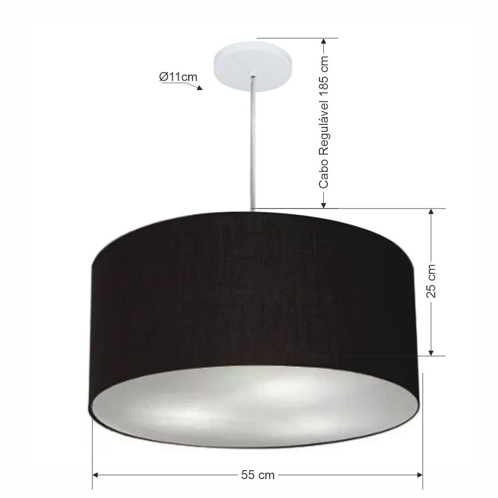 Pendente Cilíndrico Md-4220 Cúpula em Tecido 55x30cm Preto - Bivolt
