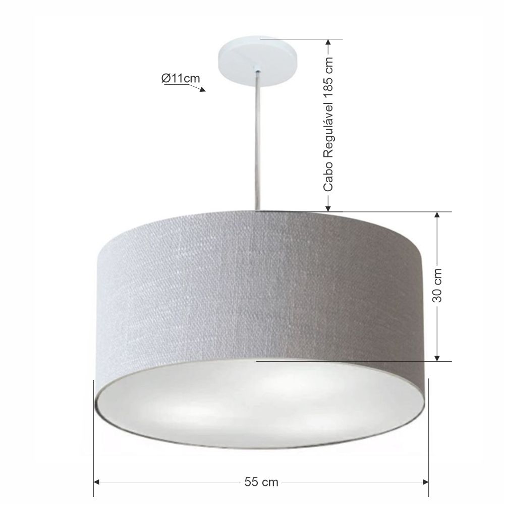 Pendente Cilíndrico Md-4220 Cúpula em Tecido 55x30cm Rústico Cinza - Bivolt