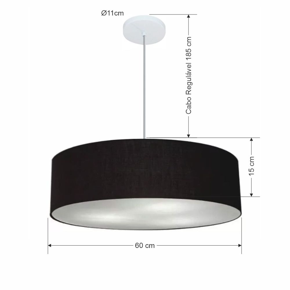 Pendente Cilíndrico Md-4221 Cúpula em Tecido 60x15cm Preto- Bivolt