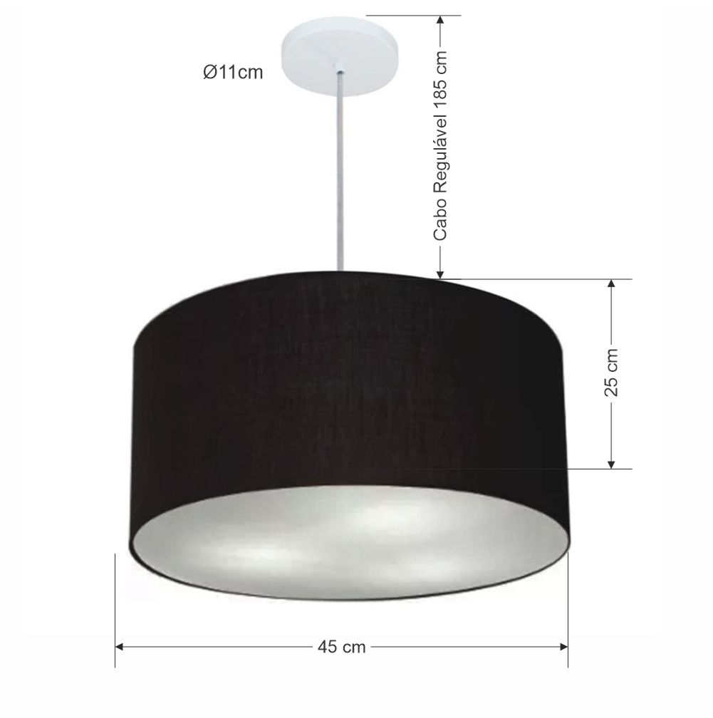 Pendente Cilíndrico Md-4242 Cúpula em Tecido 45x25cm Preto - Bivolt