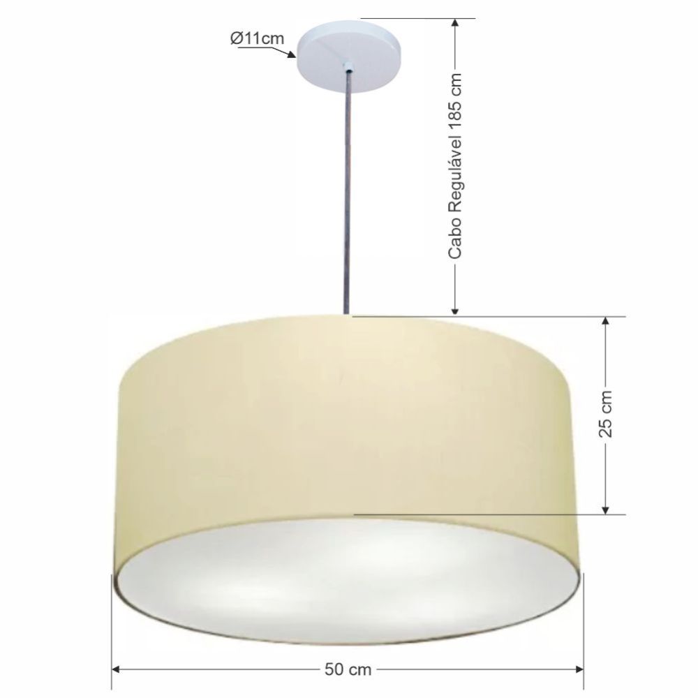 Pendente Cilíndrico Vivare Md-4320 Cúpula em Tecido 50x25cm Algodão Crú - Bivolt