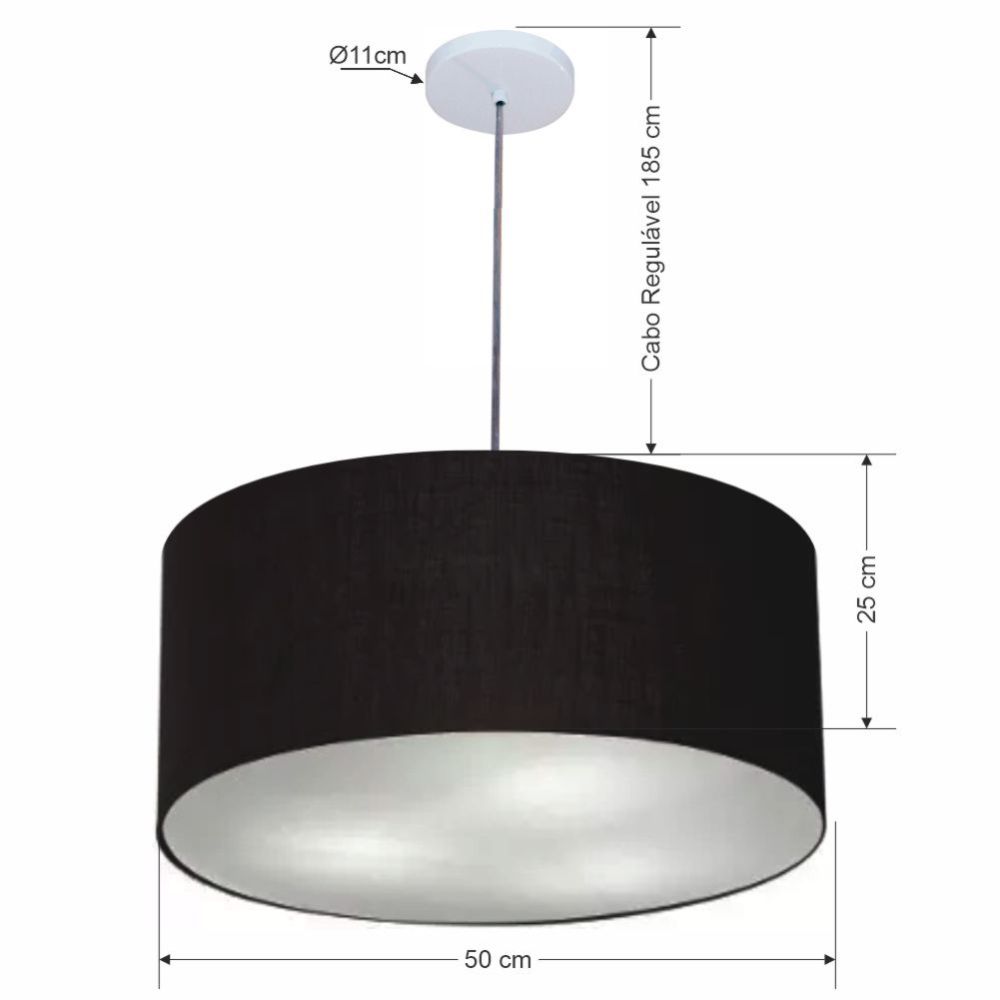Pendente Cilíndrico Vivare Md-4320 Cúpula em Tecido 50x25cm Preto - Bivolt