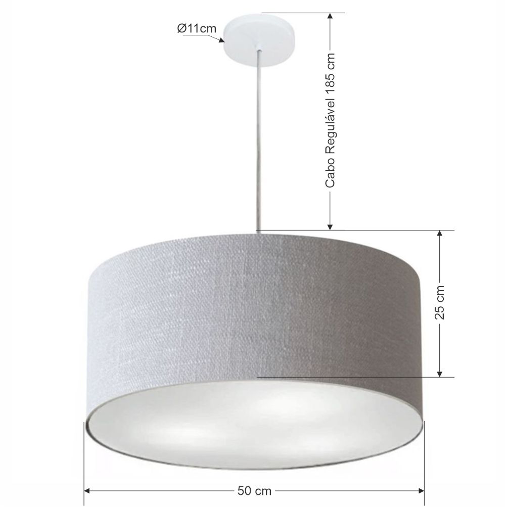 Pendente Cilíndrico Vivare Md-4320 Cúpula em Tecido 50x25cm Rústico Cinza - Bivolt