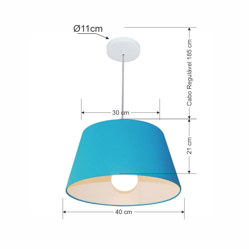 Pendente Cone Md-4039 Cúpula em Tecido 21-40x30cm Azul Turquesa - Bivolt