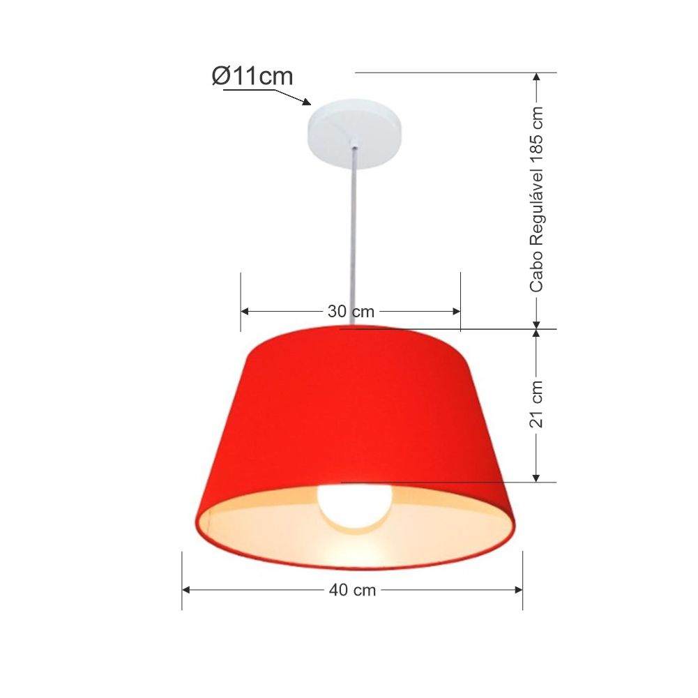 Pendente Cone Md-4039 Cúpula em Tecido 21-40x30cm Vermelho - Bivolt