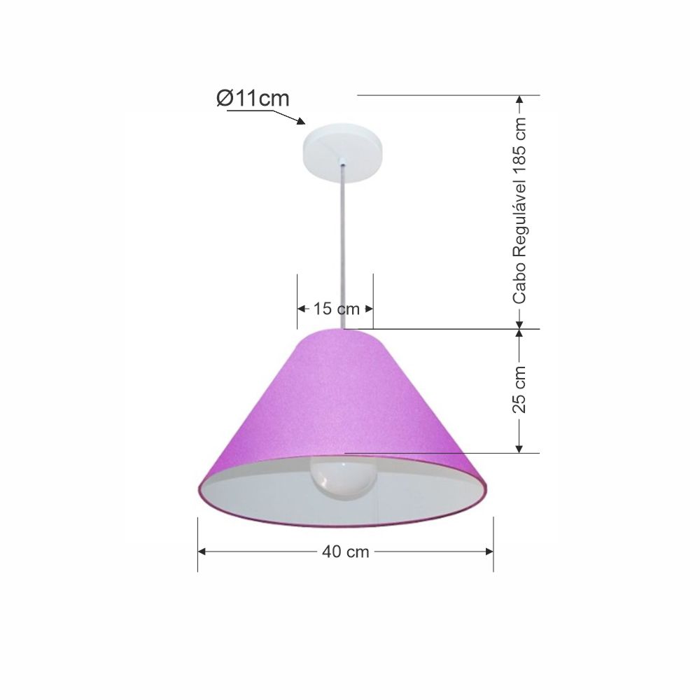 Pendente Cone Md-4078 Cúpula em Tecido 25-40x15cm Lilás - Bivolt