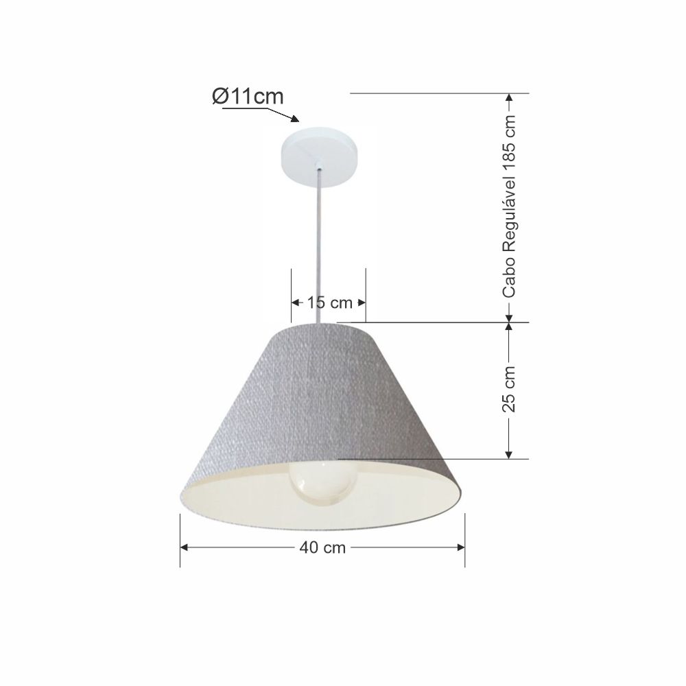Pendente Cone Md-4078 Cúpula em Tecido 25-40x15cm Rústico Cinza - Bivolt