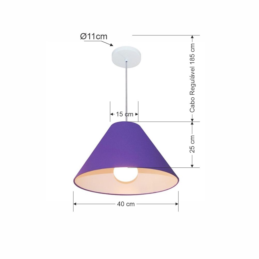 Pendente Cone Md-4078 Cúpula em Tecido 25-40x15cm Roxo - Bivolt