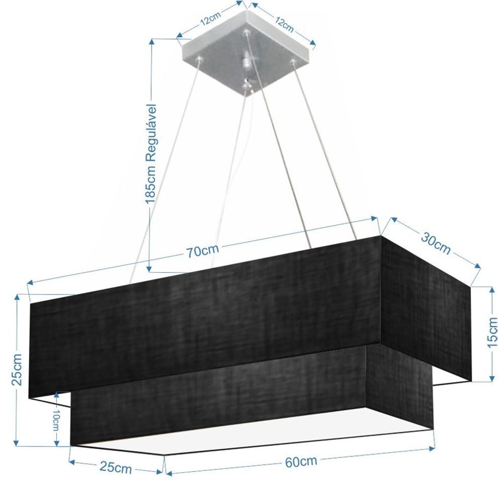 Pendente Duplo Retangular Vivare Md-4138 Cúpula em Tecido 70x30cm x 60x25cm Preto - Bivolt