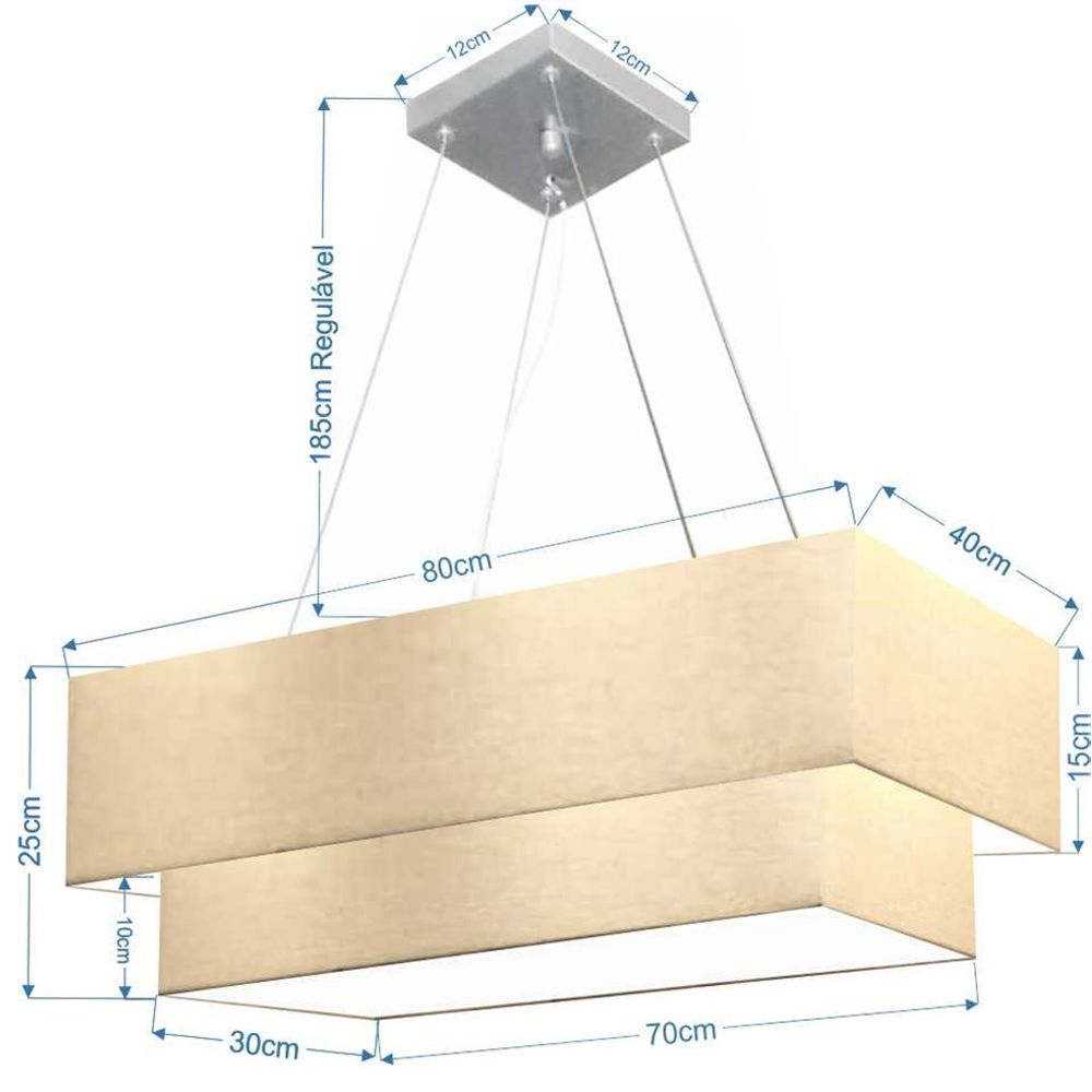 Pendente Duplo Retangular Vivare Md-4321 Cúpula em Tecido 80x40cm x 70x30cm Algodão Crú - Bivolt