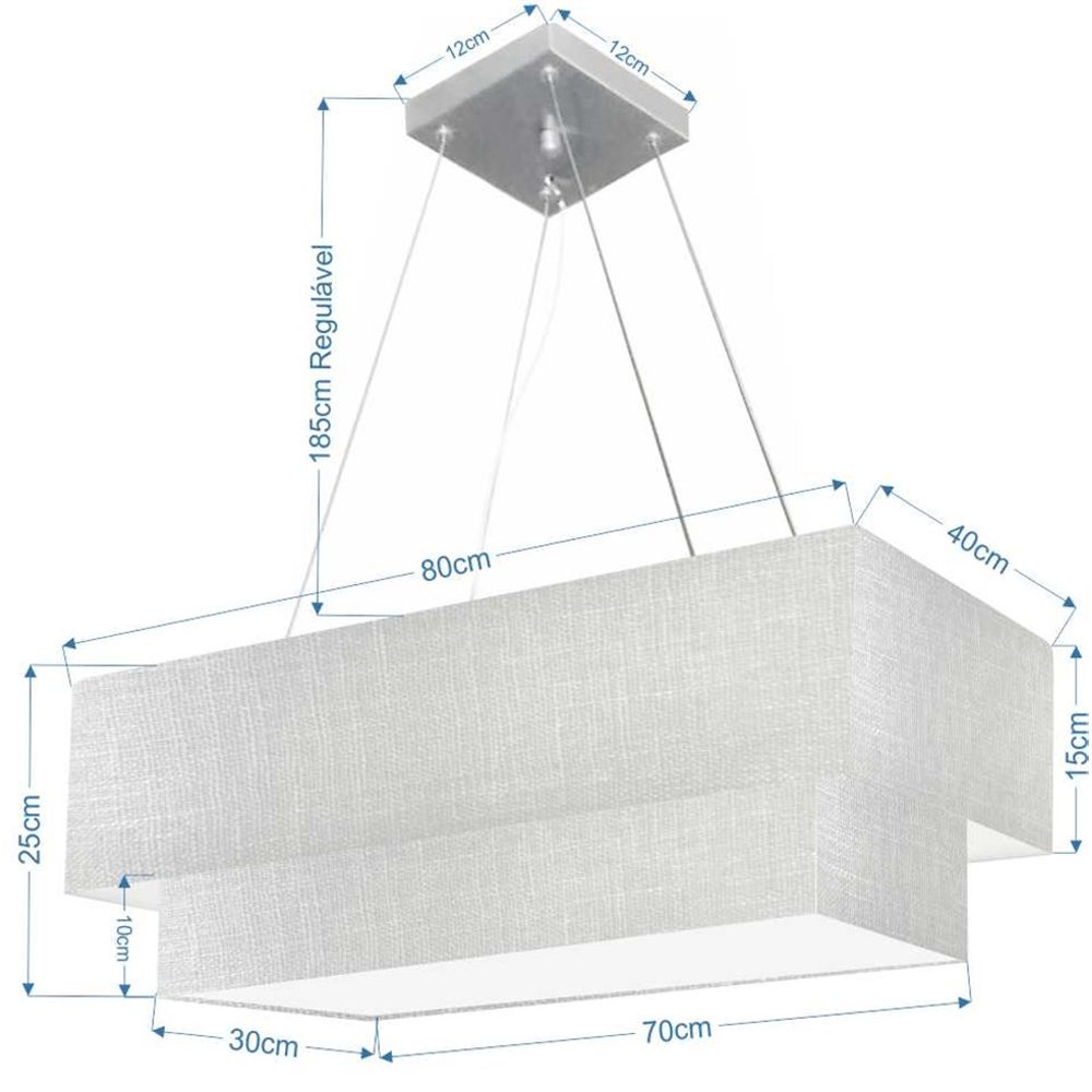 Pendente Duplo Retangular Vivare Md-4321 Cúpula em Tecido 80x40cm x 70x30cm Cinza - Bivolt