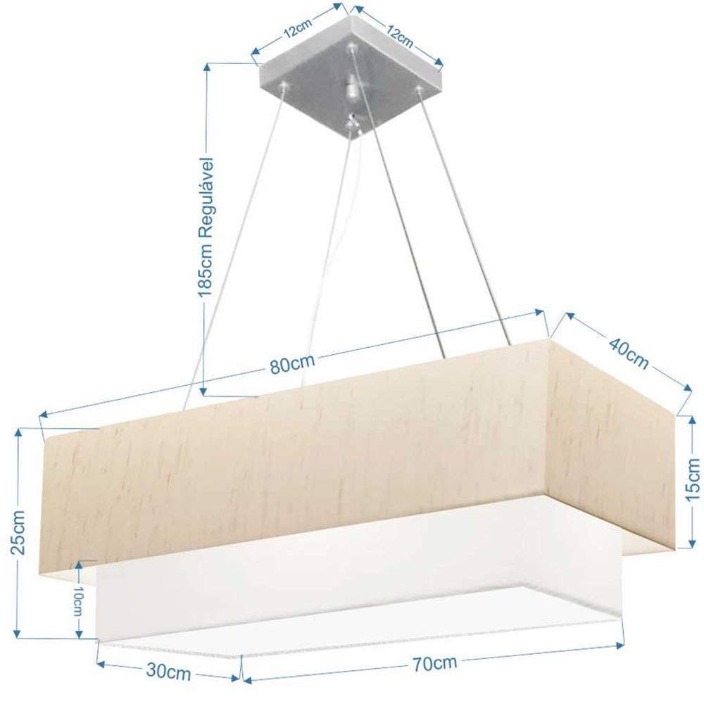 Pendente Duplo Retangular Vivare Md-4321 Cúpula em Tecido 80x40cm x 70x30cm LLA/BR - Bivolt