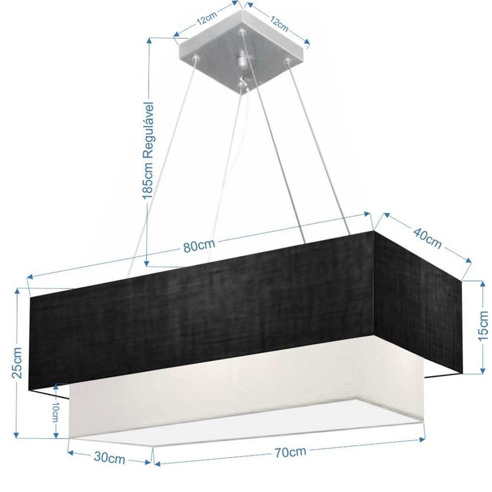 Pendente Duplo Retangular Vivare Md-4321 Cúpula em Tecido 80x40cm x 70x30cm PR/BR - Bivolt