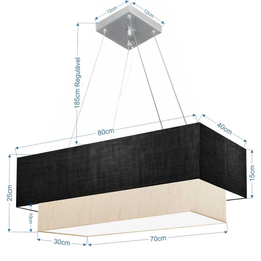 Pendente Duplo Retangular Vivare Md-4321 Cúpula em Tecido 80x40cm x 70x30cm PR/LLA - Bivolt