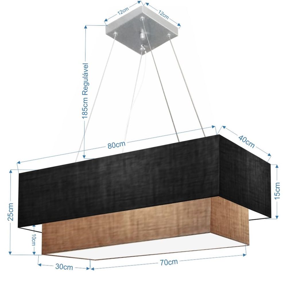 Pendente Duplo Retangular Vivare Md-4321 Cúpula em Tecido 80x40cm x 70x30cm PR/LP - Bivolt