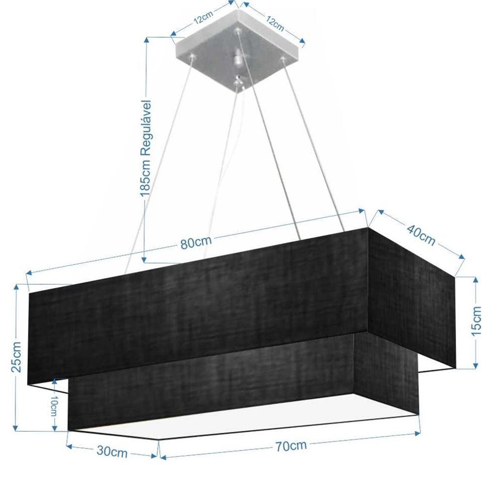 Pendente Duplo Retangular Vivare Md-4321 Cúpula em Tecido 80x40cm x 70x30cm Preto - Bivolt