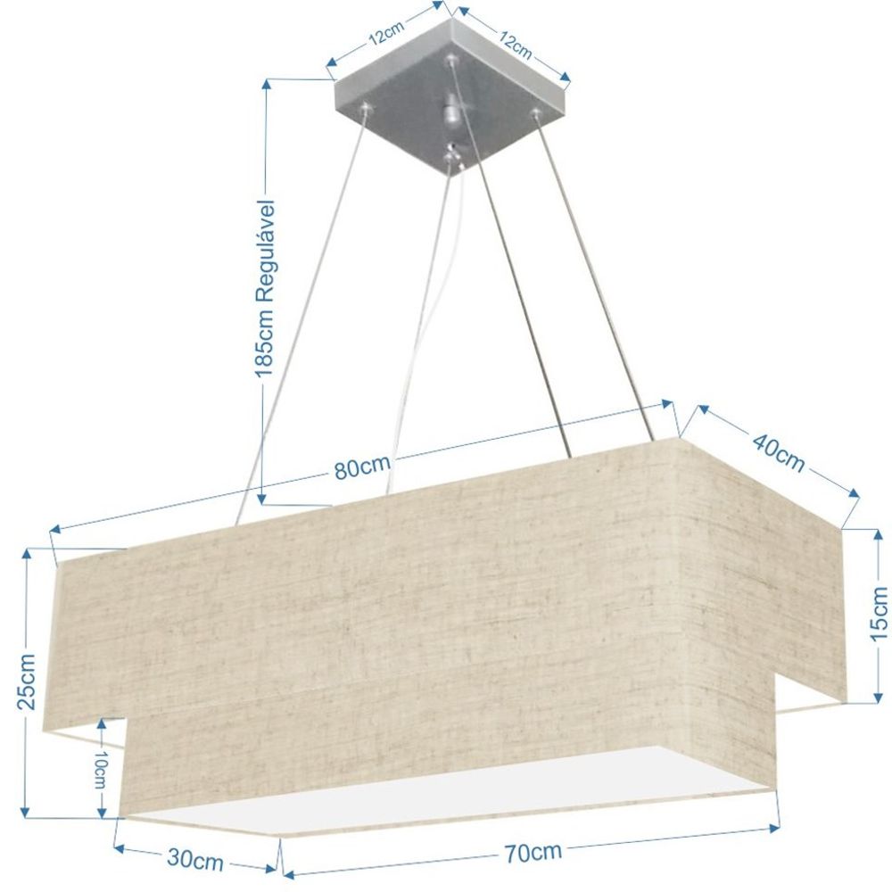 Pendente Duplo Retangular Vivare Md-4321 Cúpula em Tecido 80x40cm x 70x30cm Rústico Bege - Bivolt