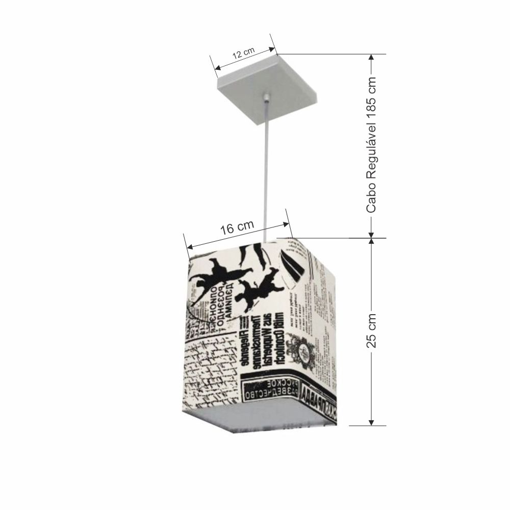 Pendente Quadrado Md-4007 Cúpula em Tecido 25/16x16cm Ny Jornal - Bivolt