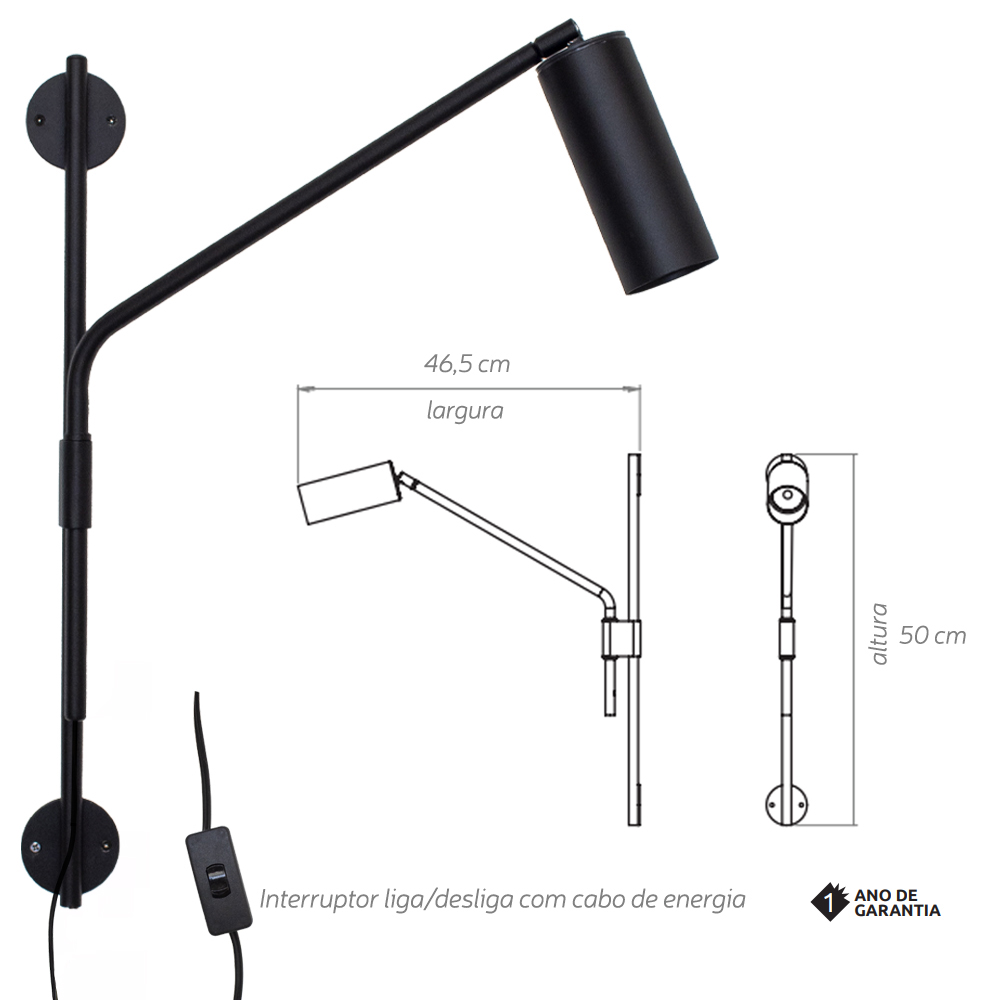 Arandela Articulada Turim Cor Preto Texturizado