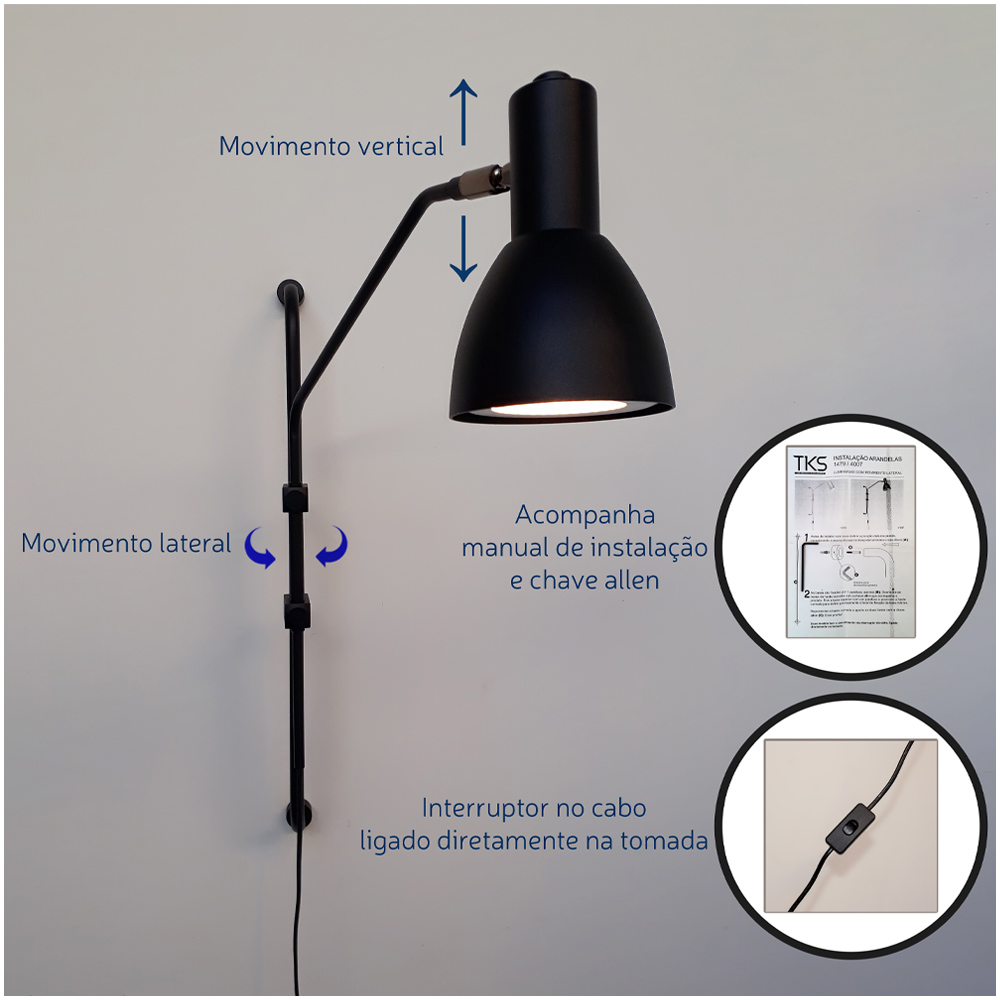 Arandela Roma Braccio Com Interruptor Cor Preto