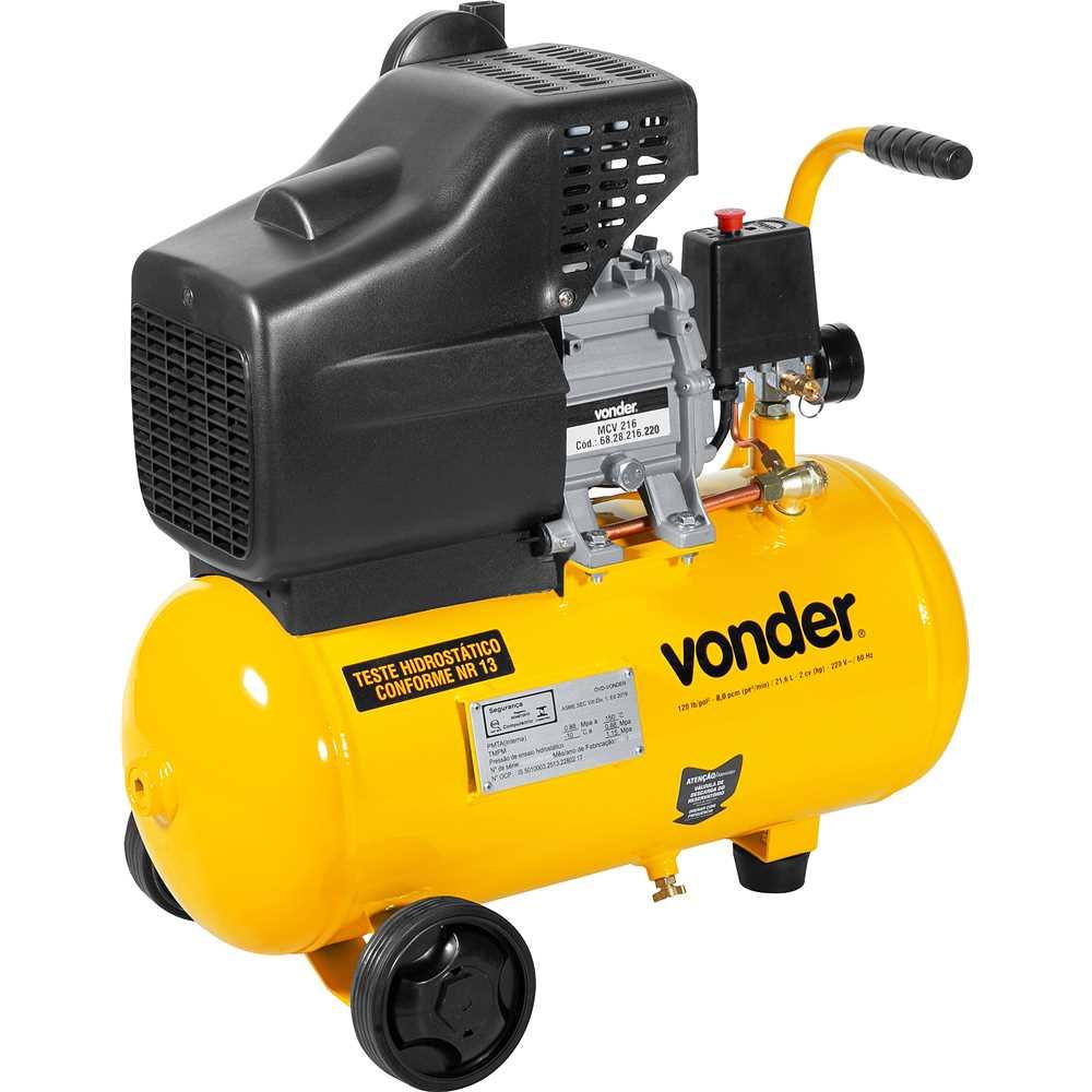 Compressor de Ar Elétrico Portátil Profissional MCV216 Monofásica 21.6L 2cv 220V 60Hz Leve Vonder amarelo