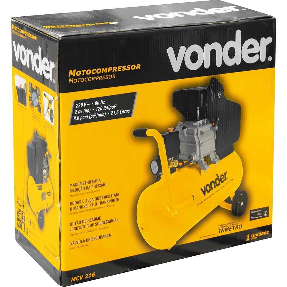 Compressor de Ar Elétrico Portátil Profissional MCV216 Monofásica 21.6L 2cv 220V 60Hz Leve Vonder amarelo