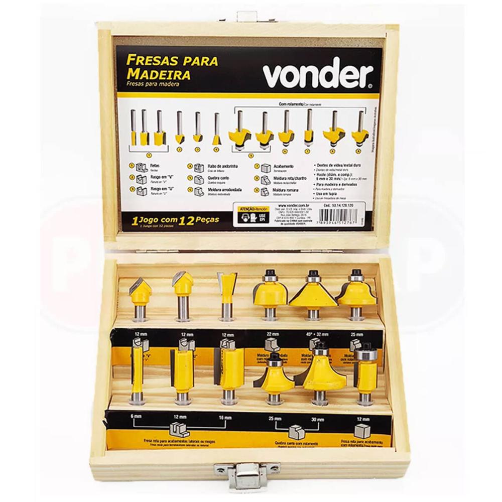 Jogo de Fresas para Madeira com 12 Peças Metal 6mm Vonder com Maleta