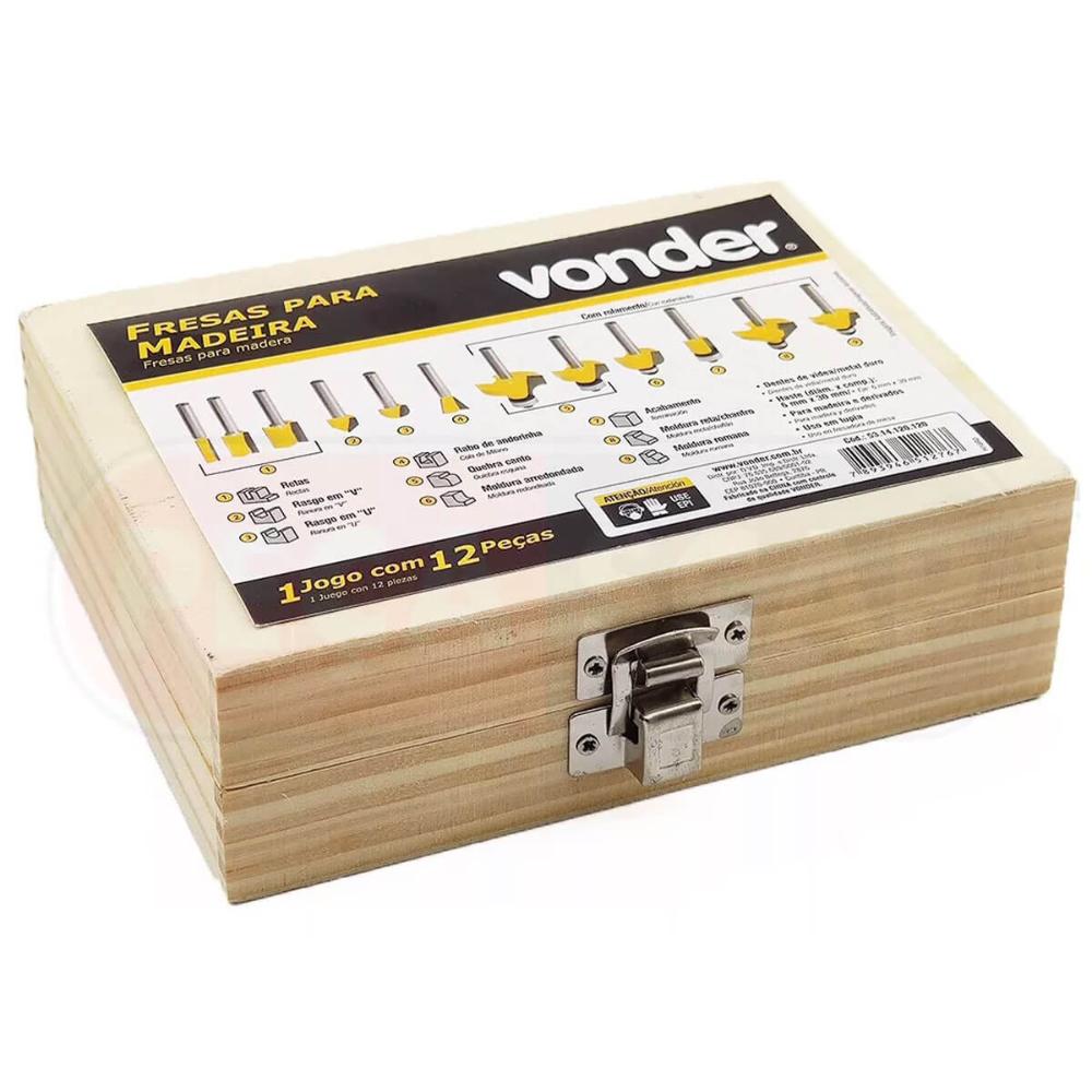 Jogo de Fresas para Madeira com 12 Peças Metal 6mm Vonder com Maleta