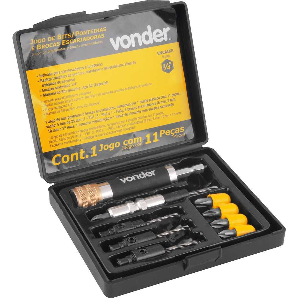 Jogo de bits ponteiras e brocas escareadoras 11 peças encaixe de 1/4" VONDER