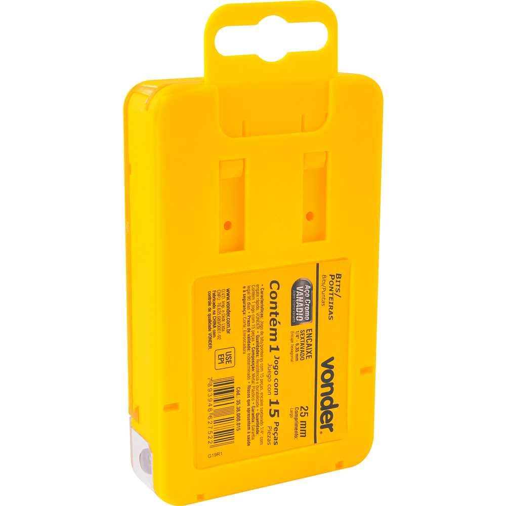 Jogo de bits/ponteiras com 15 peças encaixe sextavado 1/4" com engate rápido VONDER
