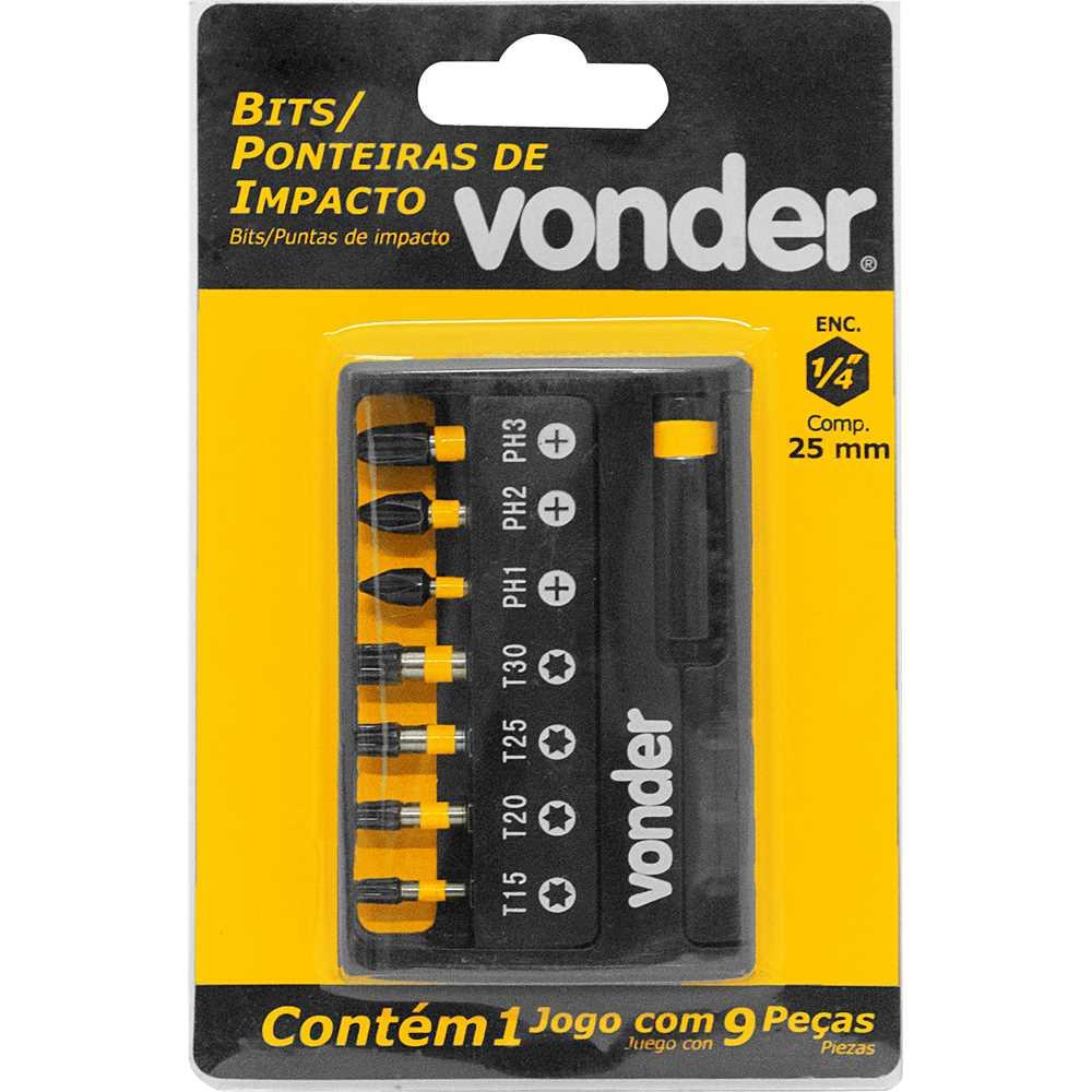 Jogo de bits/ponteiras de impacto S2 com 9 peças encaixe sextavado 1/4" VONDER