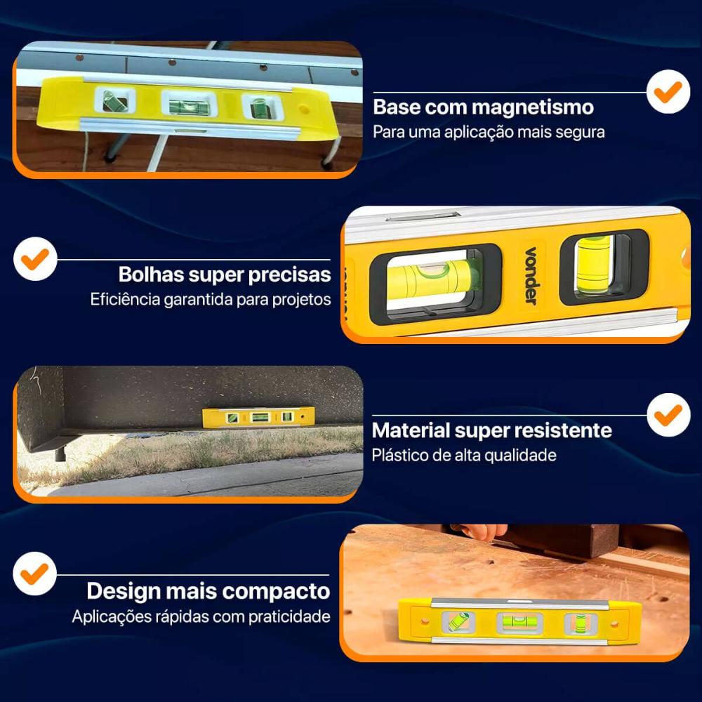 Nível Plástico com Base Magnética com 3 Ângulos 9' 228mm Vonder Alta Precisão