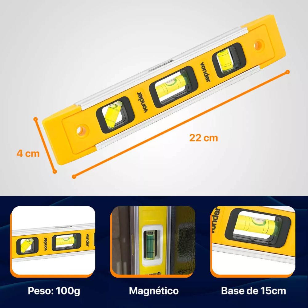 Nível Plástico com Base Magnética com 3 Ângulos 9' 228mm Vonder Alta Precisão