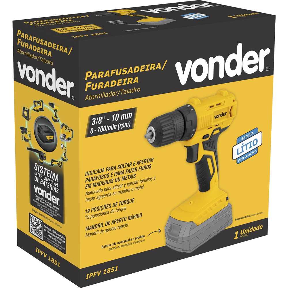 Parafusadeira furadeira a bateria 18 V sem bateria e sem carregador IPFV 1851 VONDER