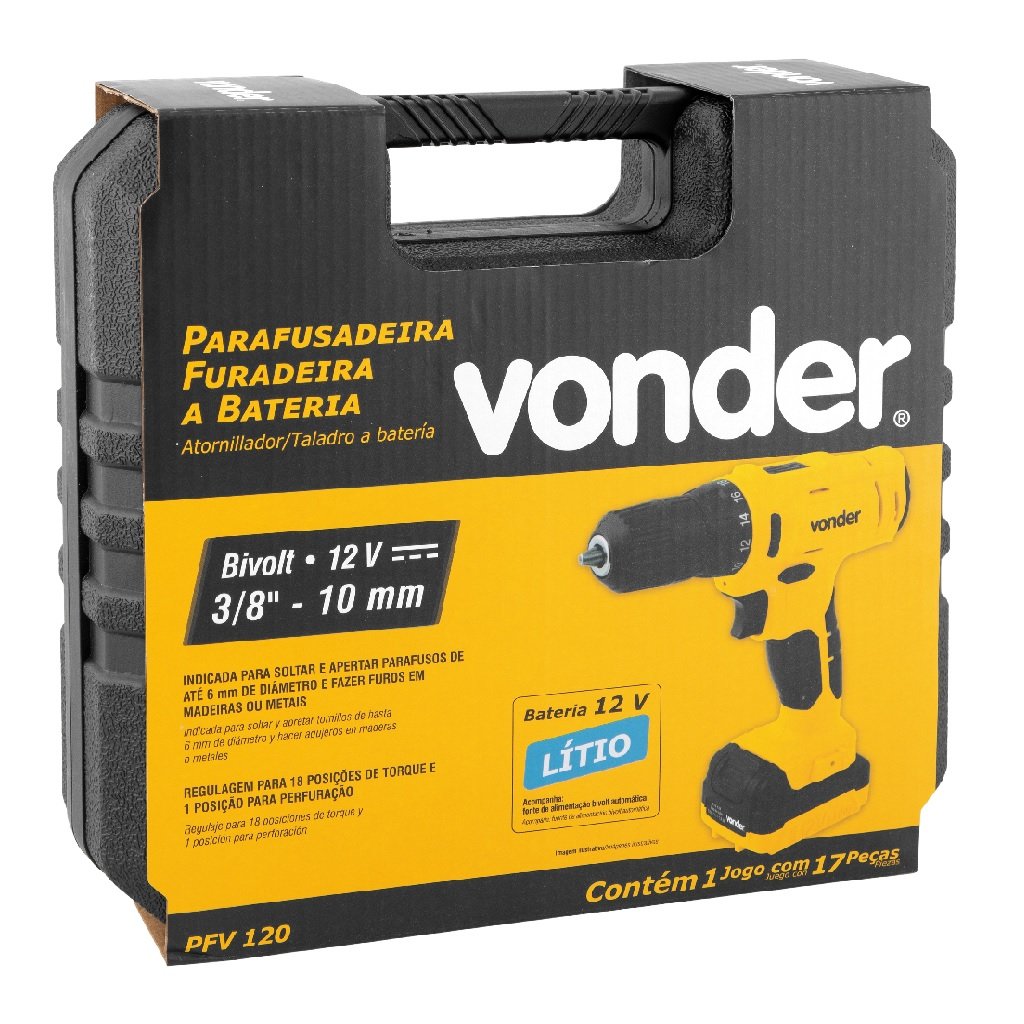 Parafusadeira/Furadeira a Bateria de Lítio 12V Bivolt Automática 17 Peças - Vonder
