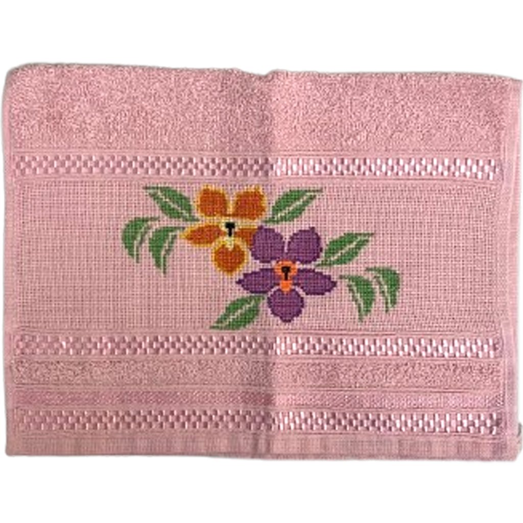 Toalha Lavabo Ponto Cruz com Borbado da Vovó Alice Flores Rosa