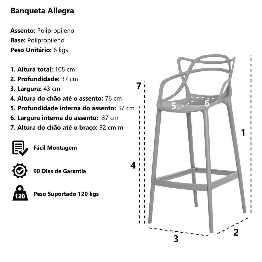 Banqueta Allegra Nude Polipropileno Cozinha Bar Bistrô Bancada