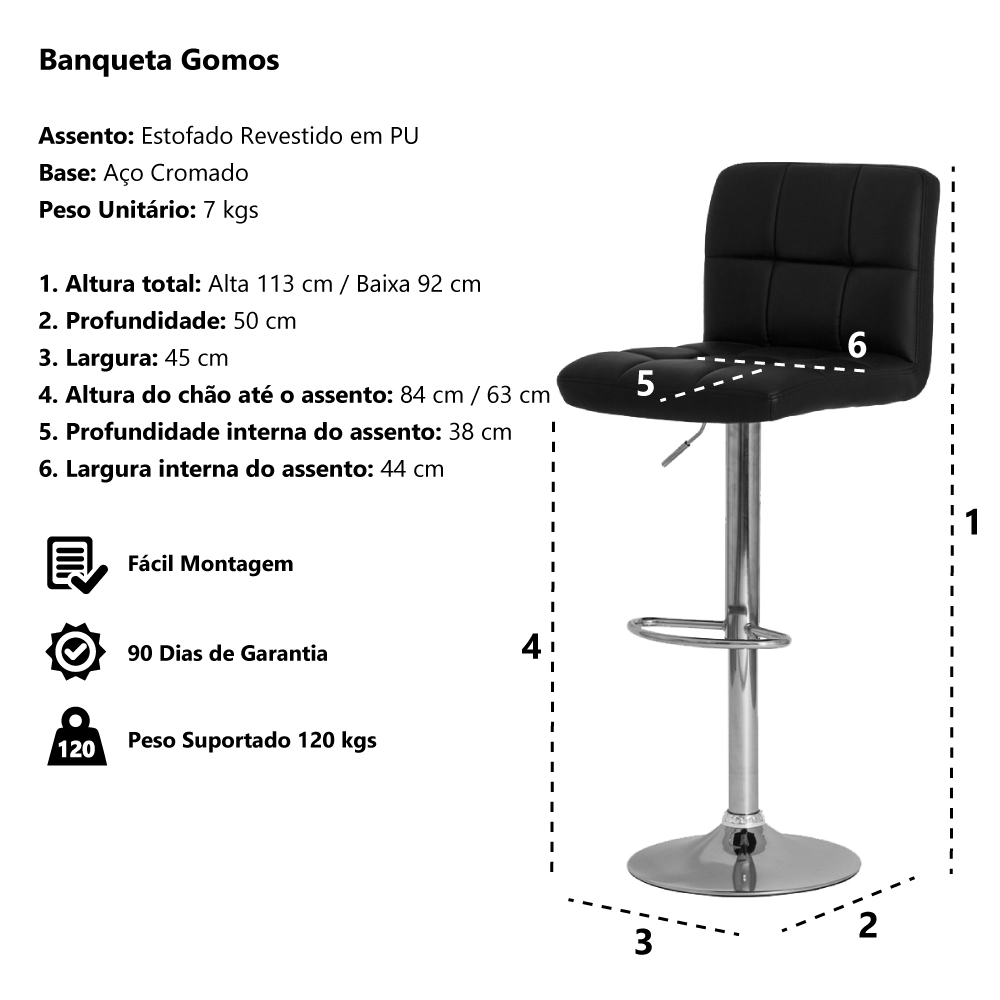 Banqueta Estofada Gomos Branca Base Giratória Cromada Altura Regulável Cozinha Bar Bancada
