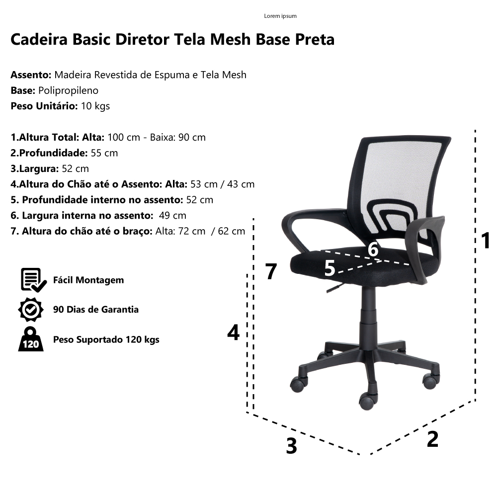 Cadeira De Escritório Basic Diretor Estofado Tela Mesh Base Giratória Preta Altura Ajustável