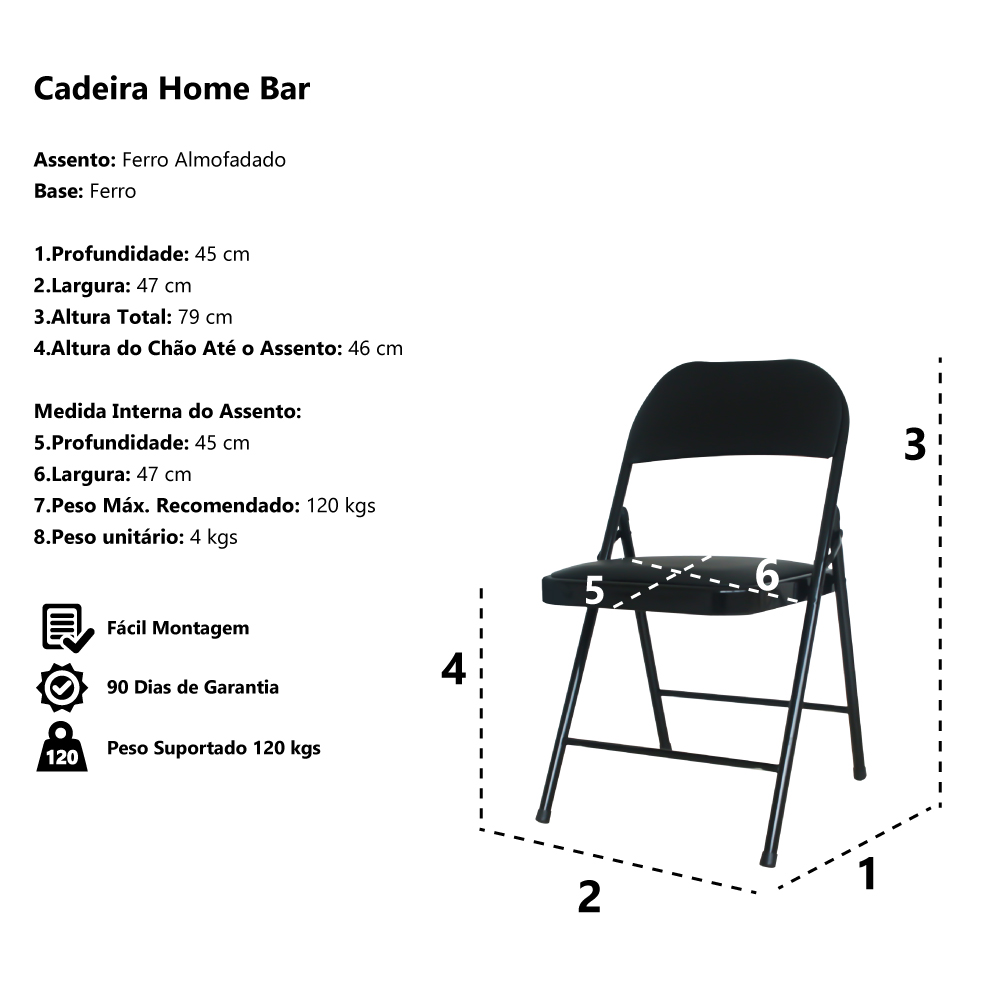 Cadeira Dobrável Bar Restaurante Almofadada Ferro Aço Preta
