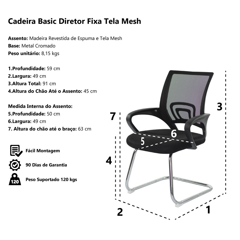 Cadeira Escritório Basic Diretor Fixa Tela Mesh Preta Base Cromada