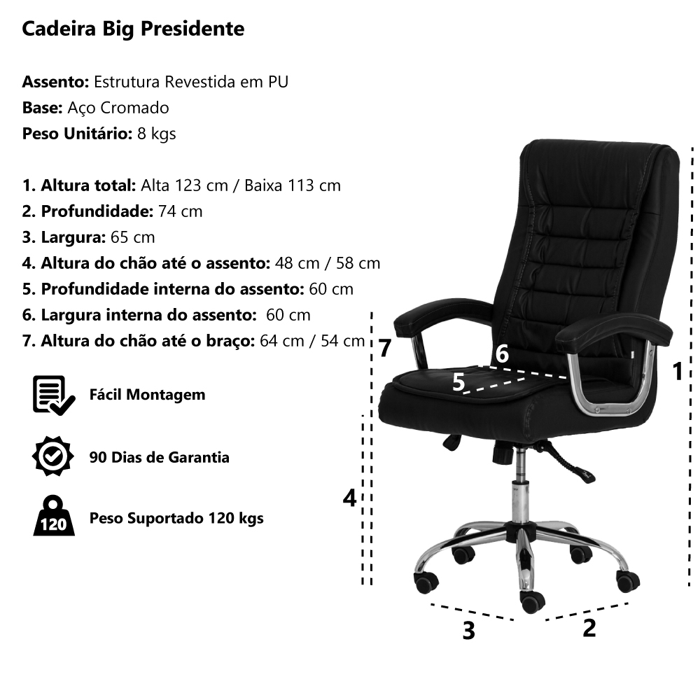 Cadeira Escritório Big Presidente Preta Mola Ensacada Base Giratória Cromada Altura Ajustável