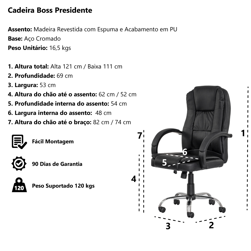 Cadeira Escritório Boss Presidente Preta Base Giratória Cromada Altura Ajustável