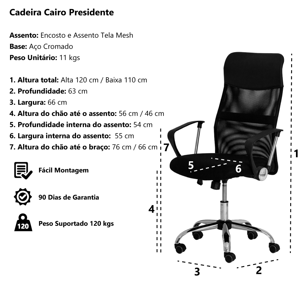 Cadeira Escritório Cairo Tela Mesh Preta Base Giratória Cromada Altura Ajustável