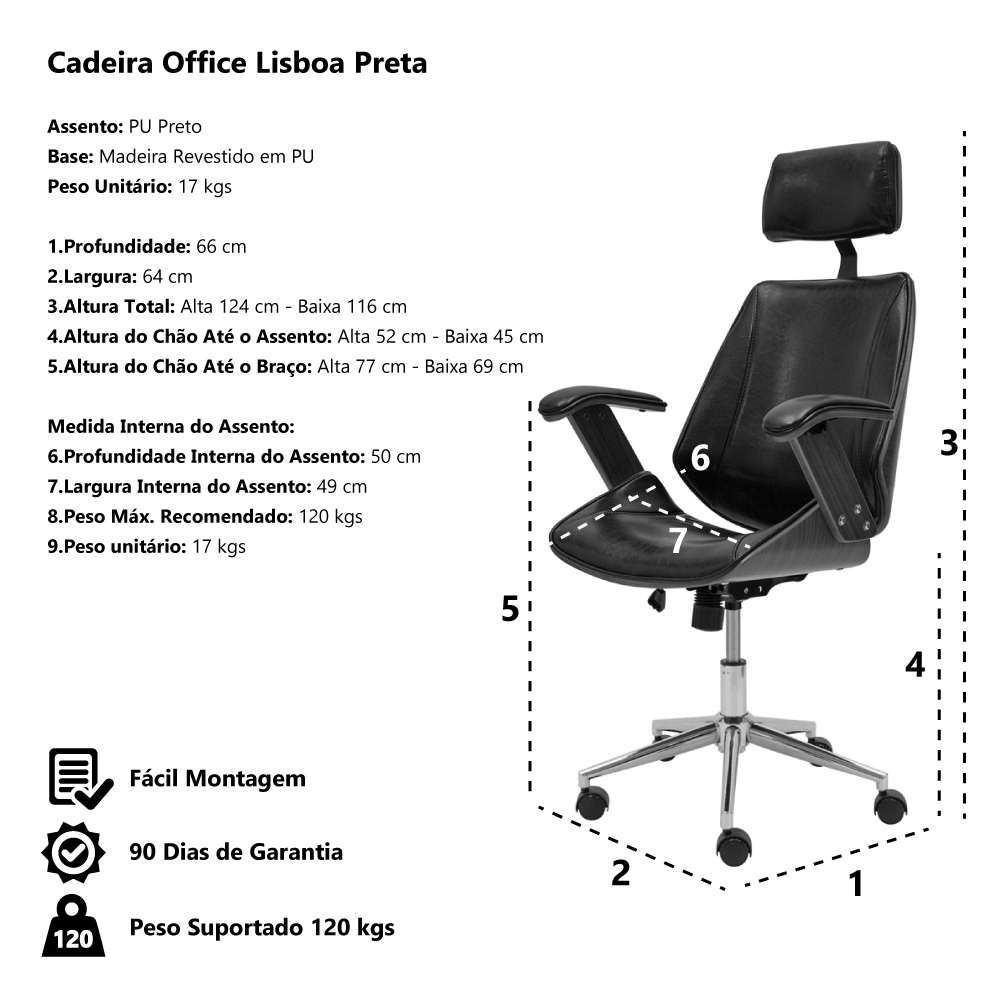Cadeira Office Lisboa PU Preto base giratória cromada