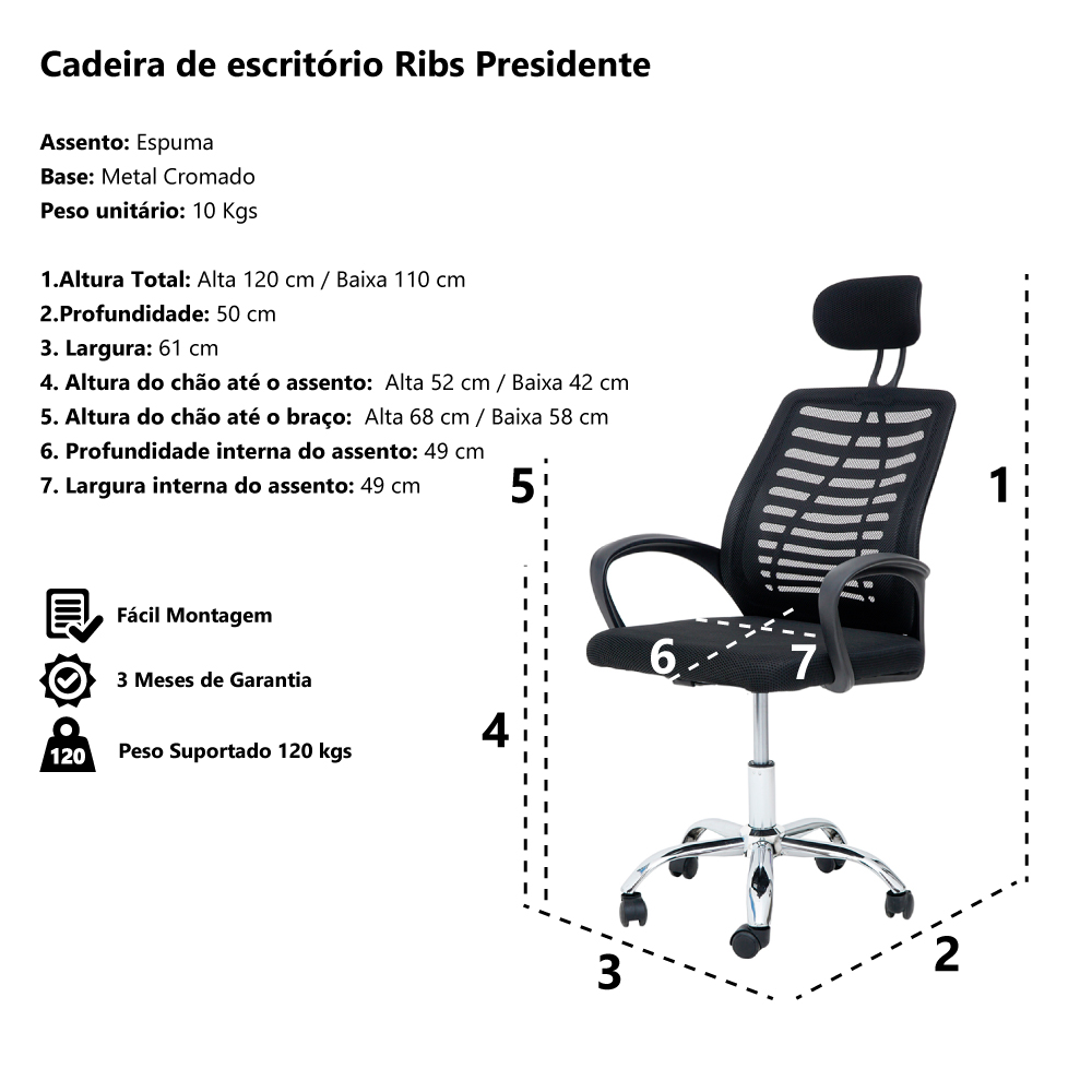 Cadeira de Escritório Presidente Ribs TGT Tela Mesh com Relax - WAW Design